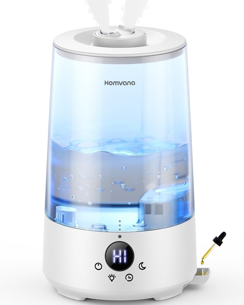 Homvana Humidifiers for Bedroom Home, 3.6 L Cool Mist Top-Fill 34H Super Long Time, Quiet 23dB, Baby Humidifier, Oil Diffuser for Large Room, House, Plant, Nursery, BPA FREE, Ultrasonic (Transparent)