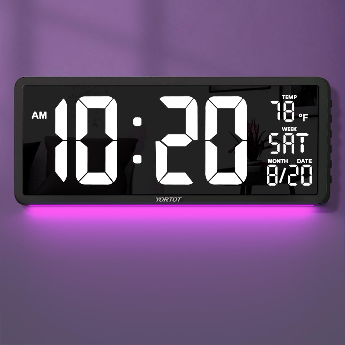 YORTOT 16” Large Digital Wall Clock with Remote Control and 7 Night Light, 4 Level Dimmer, Big LED Clock with Indoor Temperature, Date, Wall Mount/Fold Out Stand, Perfect for Home, Office, Gym (White)
