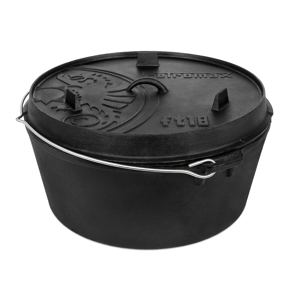 Petromax Cast Iron Dutch Oven for Cooking or Baking Outdoors Over a Campfire or in The Home Kitchen, Pre-Seasoned Cookware Conducts Heat Evenly, Flat Base