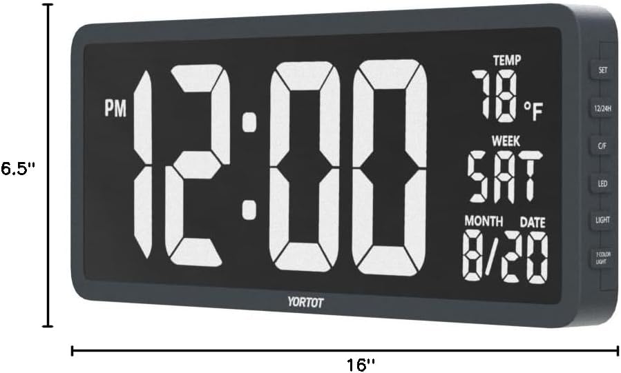 YORTOT 16” Large Digital Wall Clock with Remote Control and 7 Night Light, 4 Level Dimmer, Big LED Clock with Indoor Temperature, Date, Wall Mount/Fold Out Stand, Perfect for Home, Office, Gym (White)