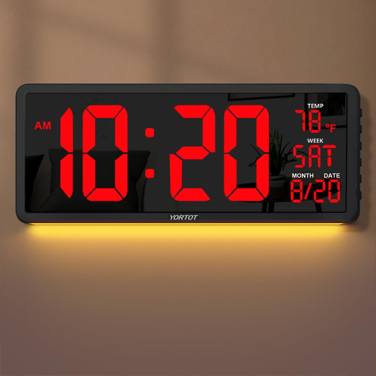 YORTOT 16” Large Digital Wall Clock with Remote Control and 7 Night Light, 4 Level Dimmer, Big LED Clock with Indoor Temperature, Date, Wall Mount/Fold Out Stand, Perfect for Home, Office, Gym (White)