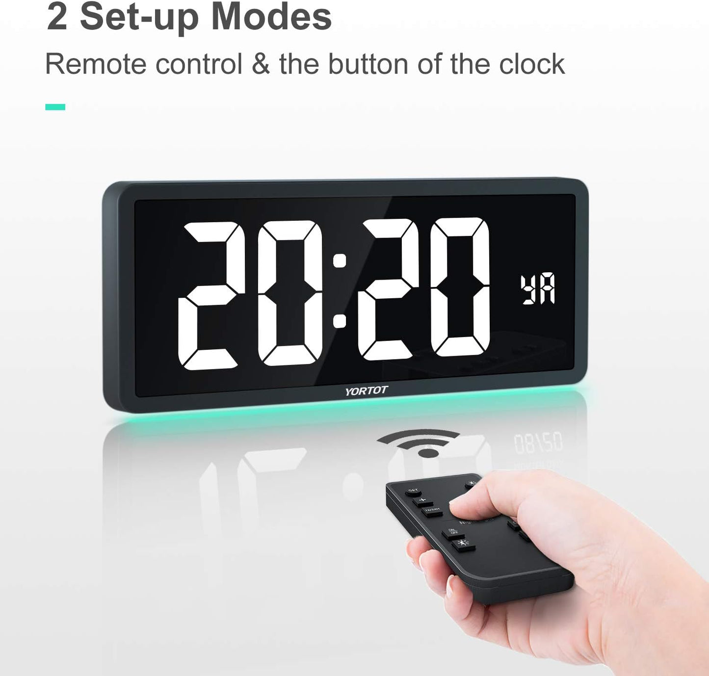 YORTOT 16” Large Digital Wall Clock with Remote Control and 7 Night Light, 4 Level Dimmer, Big LED Clock with Indoor Temperature, Date, Wall Mount/Fold Out Stand, Perfect for Home, Office, Gym (White)