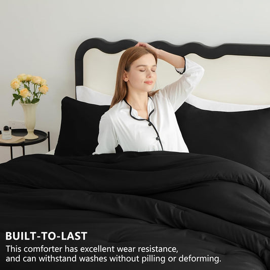 CozyLux Black Comforter Set Queen Size, 3 Pieces Solid Breathable Quilted Style Bedding Sets, Luxury Fluffy Soft Microfiber Comforter for All Season(1 Comforter & 2 Pillowcases)
