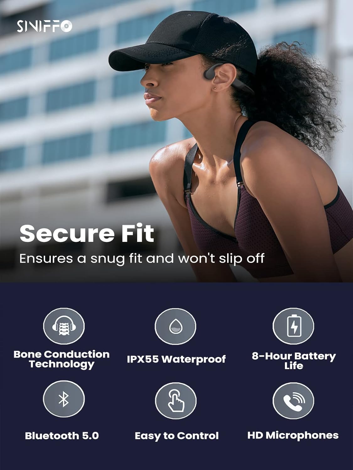 Siniffo Bone Conduction Headphones, 2023 Upgrade Open-Ear Wireless Bluetooth Workout Headphones with Microphones, 8Hr Playtime, Waterproof Earphones for Sports, Running, Gym, Hiking, Cycling, Black