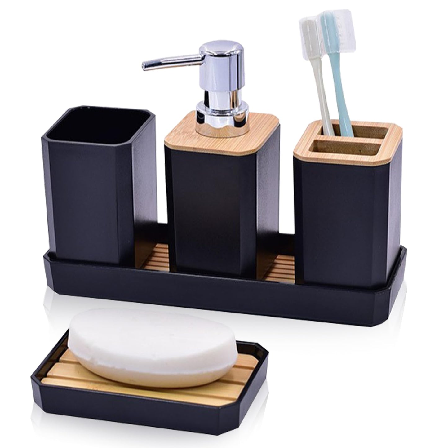 Bathroom Accessories Set 4 PCS, Grey Bathroom Accessories Includes Toothbrush Holder, Toothbrush Cup, Soap Dispenser & Dish, Soap and Toothbrush Holder Set for Bathroom Decor