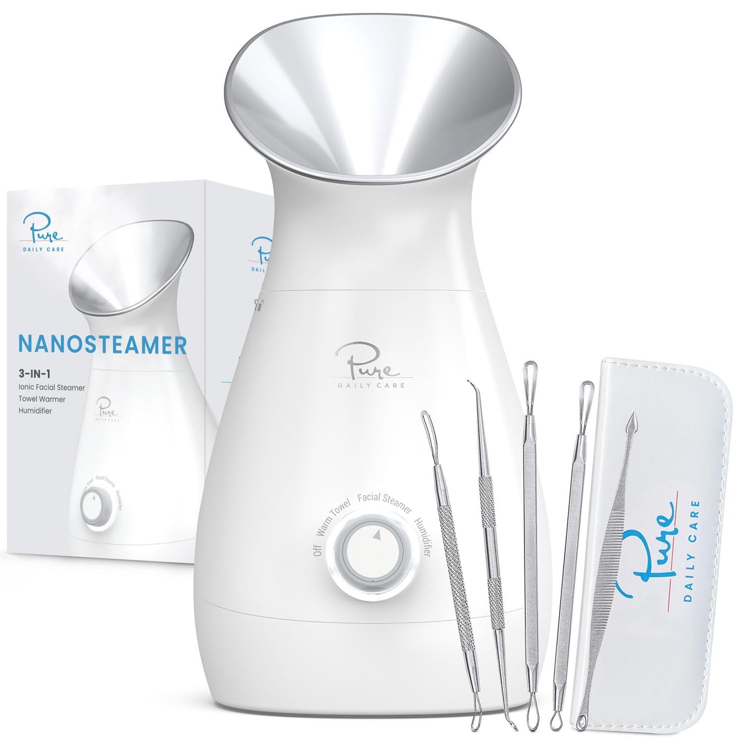 Pure Daily Care NanoSteamer Large 3-in-1 Nano Ionic Facial Steamer with Precise Temp Control - Humidifier - Unclogs Pores - Blackheads - Spa Quality - Bonus 5 Piece Stainless Steel Skin Kit (Teal)