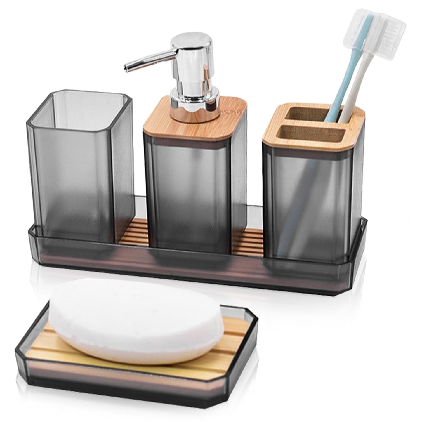 Bathroom Accessories Set 4 PCS, Grey Bathroom Accessories Includes Toothbrush Holder, Toothbrush Cup, Soap Dispenser & Dish, Soap and Toothbrush Holder Set for Bathroom Decor