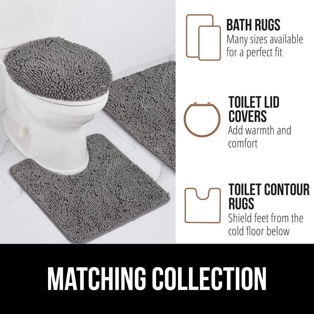 GORILLA GRIP Bathroom Rug Sets 3 Piece, Bath Mat Set and Oval Toilet Base with Rubber Backing, Plush Absorbent Shaggy Chenille Washable Mats, Includes 24x19.5, 24x17 and 36x24 Inch Rugs, Grey