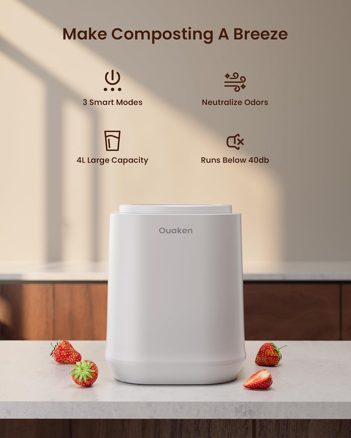 Electric Composter for Kitchen, 4L Smart Countertop Compost Bin, Odorless | Low Noise | Auto-Cleaning | Turn Food Waste into Fertilizer Within 3 Hrs, Indoor Food Waste Compost Machine, Gifts
