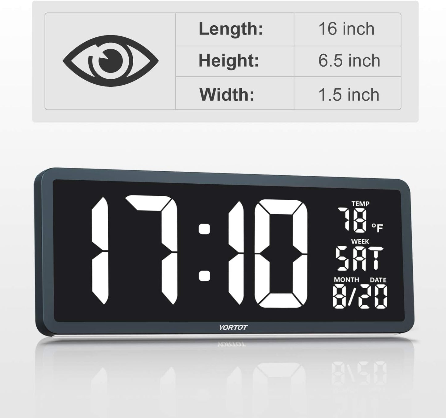 YORTOT 16” Large Digital Wall Clock with Remote Control and 7 Night Light, 4 Level Dimmer, Big LED Clock with Indoor Temperature, Date, Wall Mount/Fold Out Stand, Perfect for Home, Office, Gym (White)