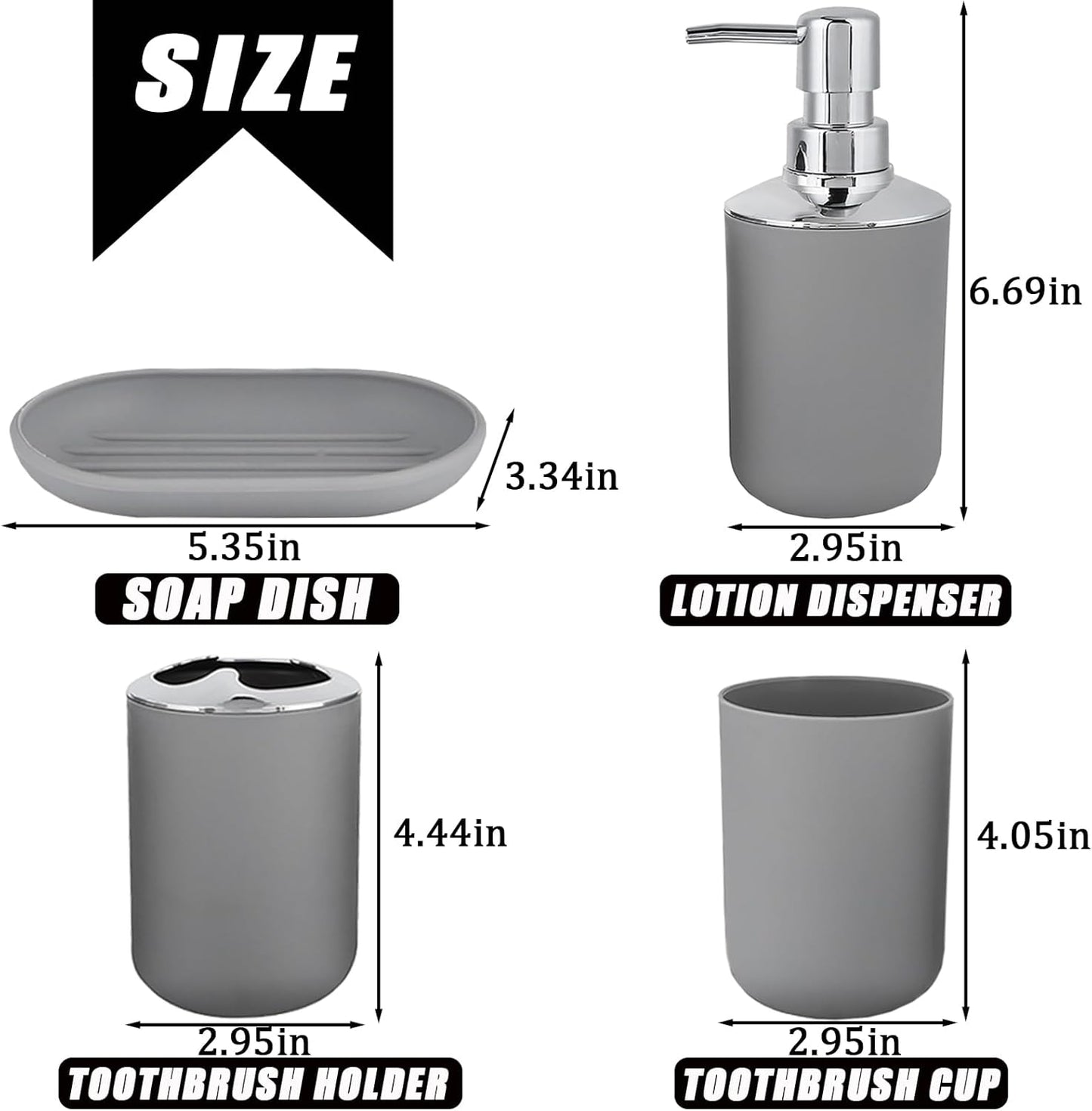 Bathroom Accessories Set 4 PCS, Grey Bathroom Accessories Includes Toothbrush Holder, Toothbrush Cup, Soap Dispenser & Dish, Soap and Toothbrush Holder Set for Bathroom Decor
