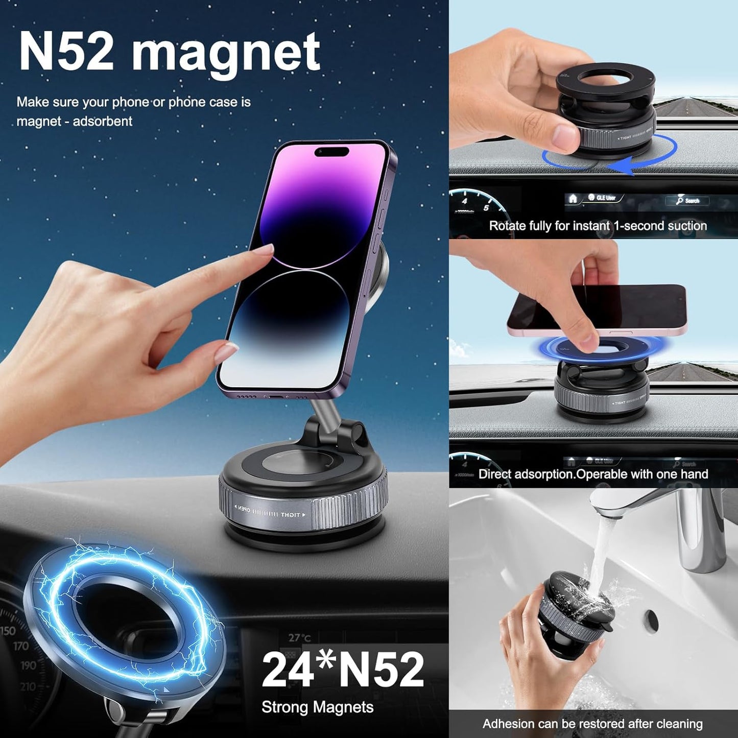 Vacuum Magnetic Suction Phone Holder, Foldable and Retractable Hands-Free Suction Cup Phone Mount for Car/Gym/Mirror/Smooth Surface, Compatible with iPhone Android and All Smartphones (Black)