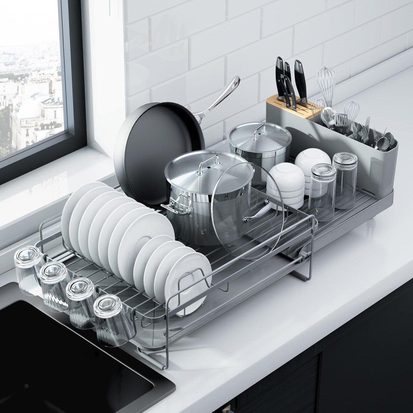 Kitsure Large Dish Drying Rack - Extendable Dish Rack, Multifunctional Dish Rack for Kitchen Counter, Anti-Rust Dish Drainers with Cutlery & Cup Holders 19.2"-26.7" L x 12.9" W, Black