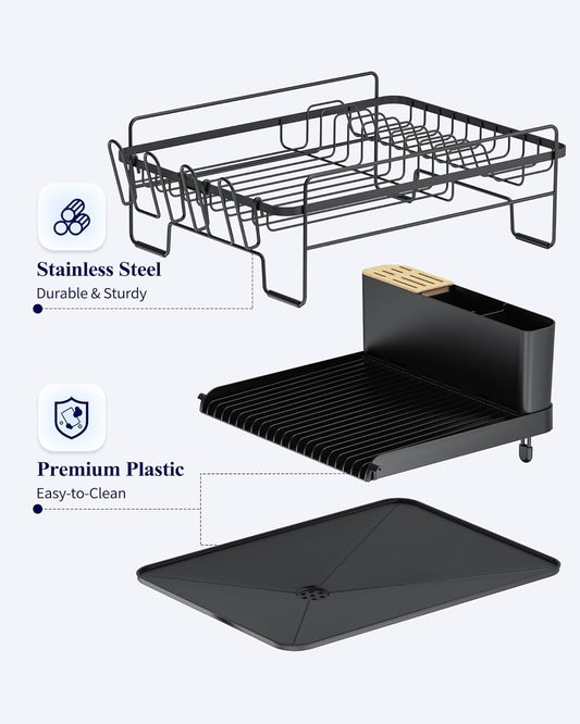 Kitsure Large Dish Drying Rack - Extendable Dish Rack, Multifunctional Dish Rack for Kitchen Counter, Anti-Rust Dish Drainers with Cutlery & Cup Holders 19.2"-26.7" L x 12.9" W, Black