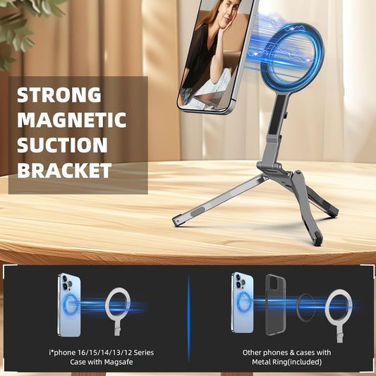Magnetic Pocket Phone Tripod with Hook Compatible with Magsafe for iPhone 16/15/14/13/12 Pro Max Series,Foldable Mini Magnet Cell Phone Tripod Mount Handle Smartphone Desk Stand Travel Phone Holder