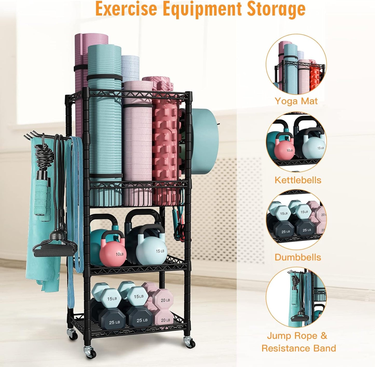 S1 Home Gym Storage, 3-Tier Workout Equipment Organizer with Wheels for Yoga Mats, Foam Roller, Dumbbells, Kettlebells, and Resistance Bands, 47.4" H x 27.5" L x 11.8" D, Black