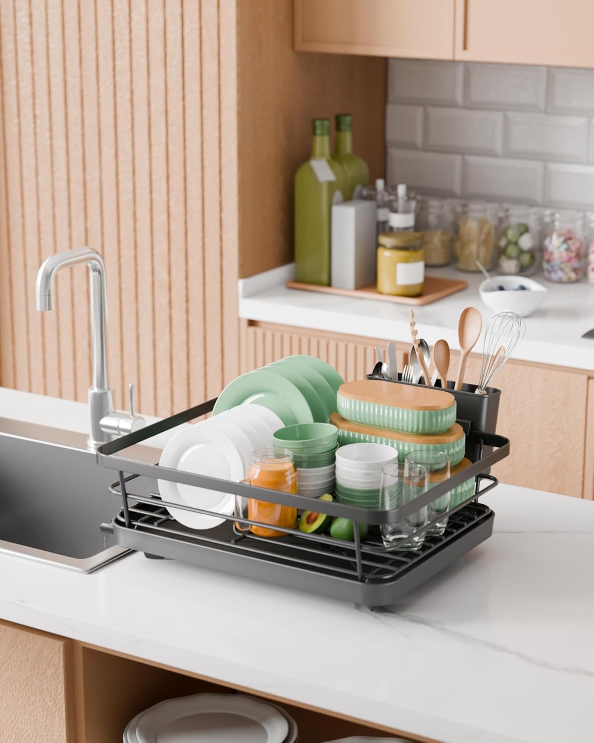 Kitsure Dish Drying Rack- Space-Saving Dish Rack, Dish Racks for Kitchen Counter, Kitchen Drying Rack with a Cutlery Holder, 12''W x 15''L, Black