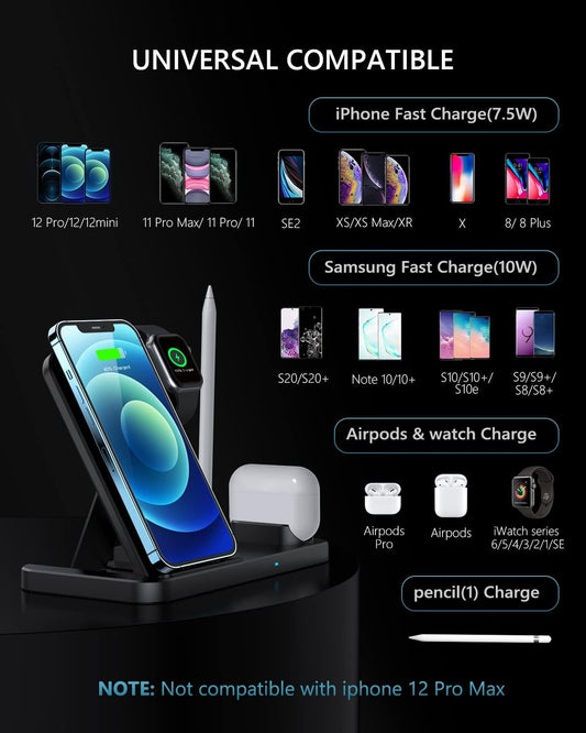 Wireless Charger, 4 in 1 Fast Wireless Charging Station Compatible with Apple Watch Airpods Pro iPhone 12/12 Pro/11/11 Pro/8/X, Wireless Charging Stand Compatible with Samsung
