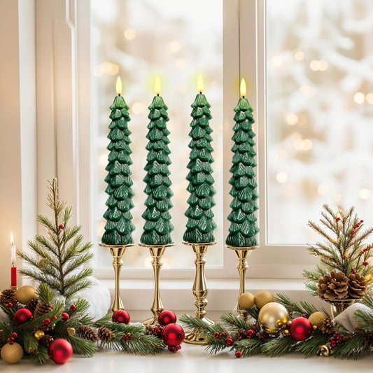 4PCS Christmas Tree Candles, 9.7 Inch Flameless Taper Candles with Remote and Timer, LED Battery Operated Taper Candlesticks with 3D Flickering for Christmas Home Decoration.