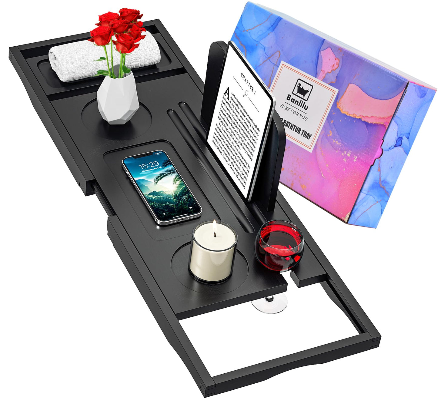 Luxury Bathtub Caddy Tray - Bath Tray Expandable - Bath Tub Tray Table for Bathtub - Bath Caddy Tray for Bathtub, Ajustable Size, Fits Most Tubs