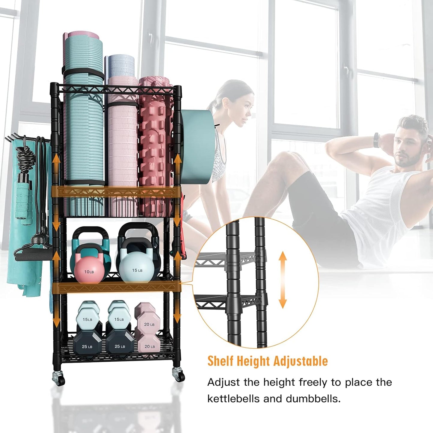 S1 Home Gym Storage, 3-Tier Workout Equipment Organizer with Wheels for Yoga Mats, Foam Roller, Dumbbells, Kettlebells, and Resistance Bands, 47.4" H x 27.5" L x 11.8" D, Black