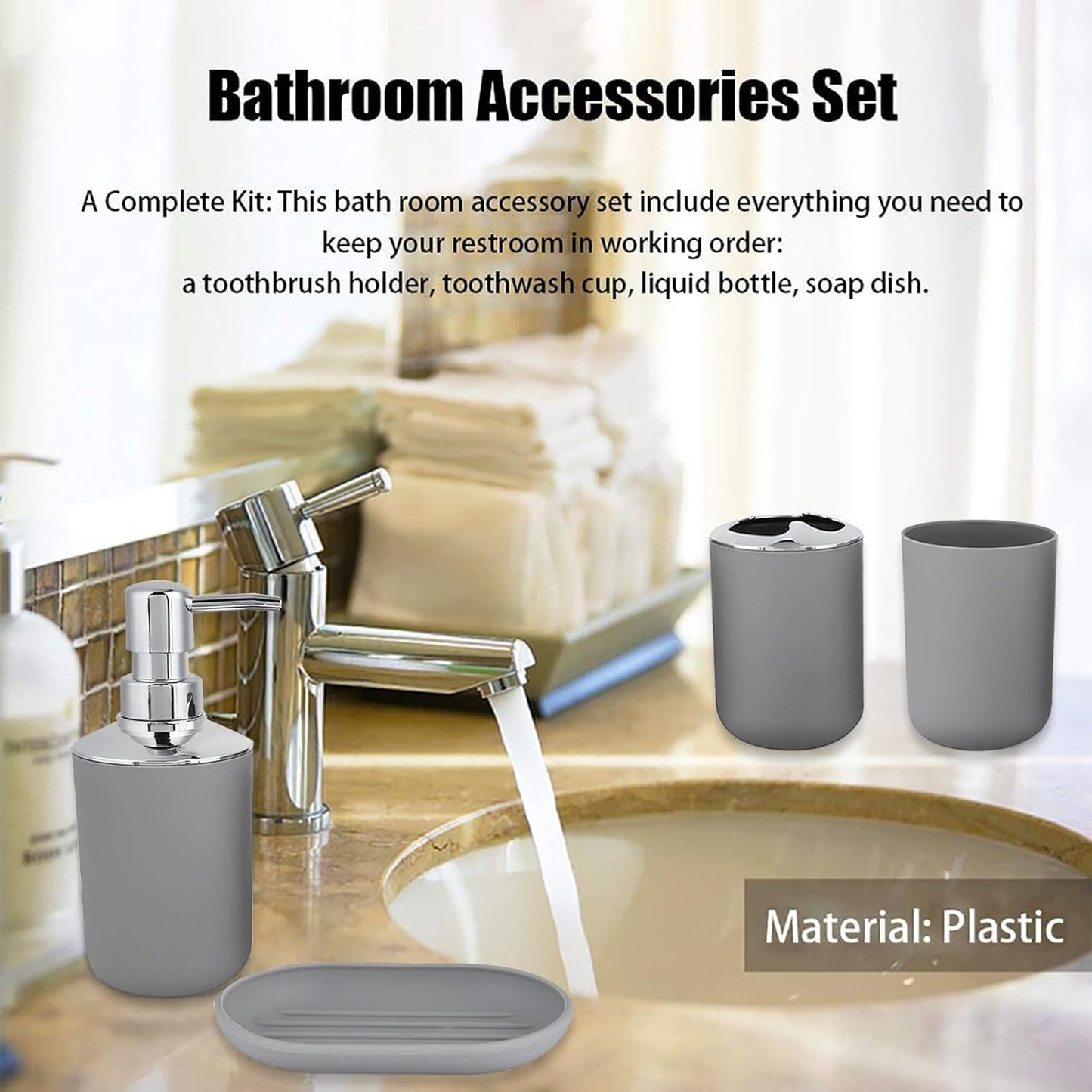 Bathroom Accessories Set 4 PCS, Grey Bathroom Accessories Includes Toothbrush Holder, Toothbrush Cup, Soap Dispenser & Dish, Soap and Toothbrush Holder Set for Bathroom Decor
