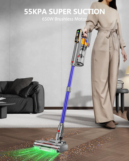 Cordless Vacuum Cleaner, 650W 55KPA 70Mins Vacuum Cleaners for Home, Stick Vacuum with 1.8L Cup, Anti-Tangle, 8-Stage Filter System, Green Light for Pet Hair, Carpet, Floor