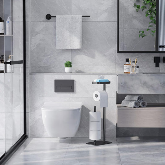 Kitsure Toilet Paper Holder Free Standing – Rustproof Metal Toilet Paper Stand for 4 Rolls with Anti-Slip Base and Shelf for Phone & Small Items, Bathroom Organizers and Storage, Black