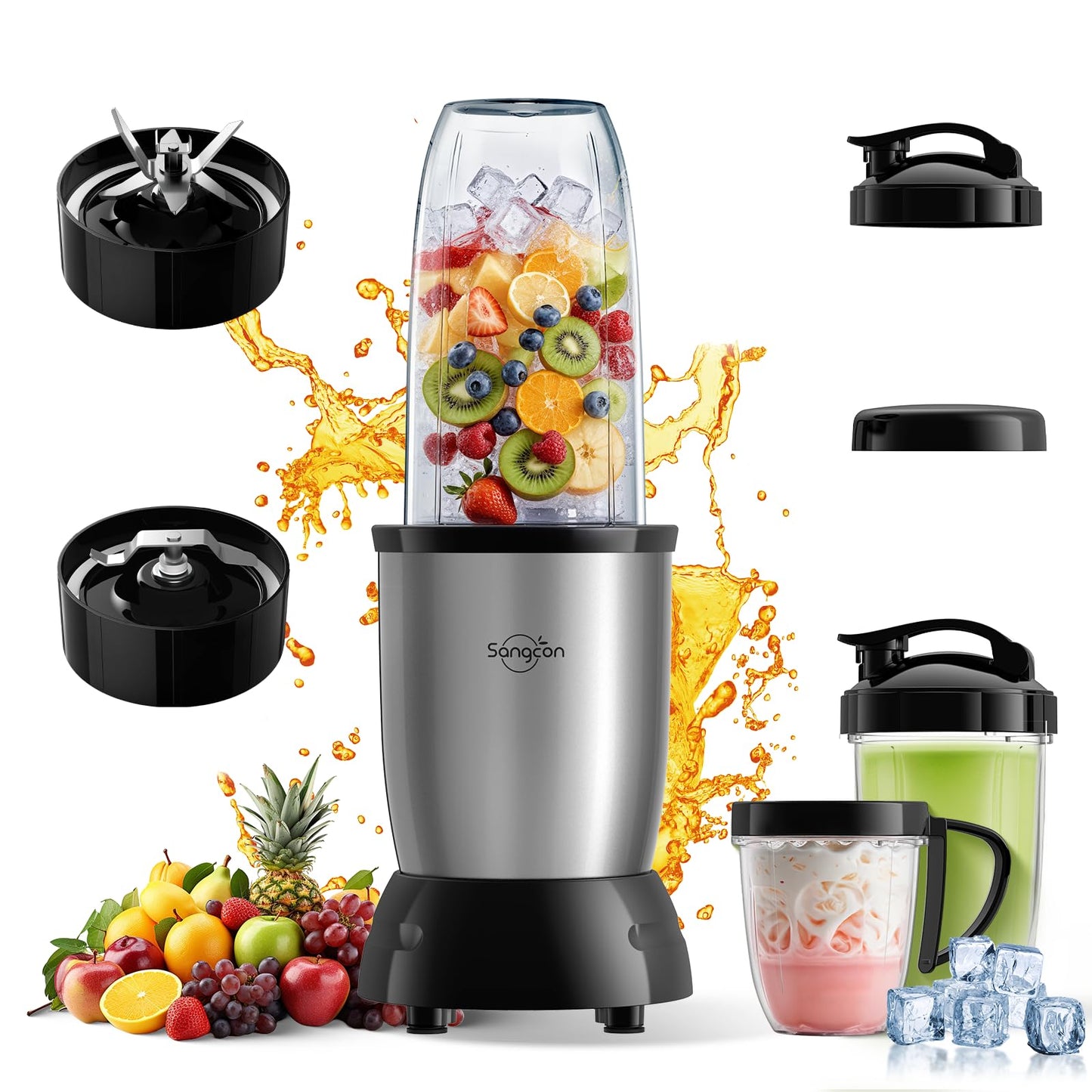 Sangcon 1000W Smoothie Blender for Kitchen, Blenders for Smoothies with (3) Cups (2) Spout Covers (1) Storage Cap (1) To-Go Cap, Portable Blender for Shakes, Ice Crushing, Frozen Drinks, Spices