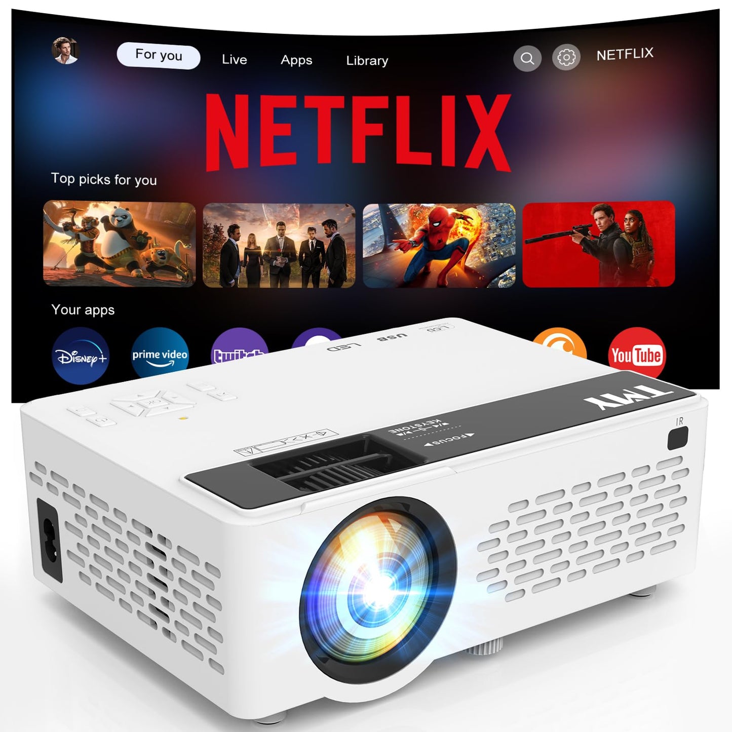 TMY Mini Projector, Upgraded Bluetooth Projector with Screen, 1080P Full HD Portable Projector, Movie Projector Compatible with TV Stick Smartphone/HDMI/USB, indoor & outdoor use