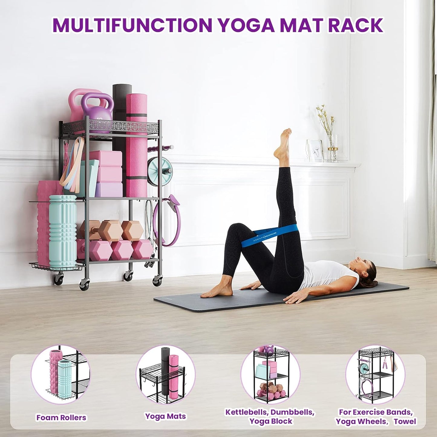 Yoga Mat Storage Rack, Home Gym Storage Rack Yoga Mat Holder, VOPEAK Workout Storage for Yoga Mat, Foam Roller, Gym Organizer Gym Equipment Storage for Home Exercise and Fitness Gear