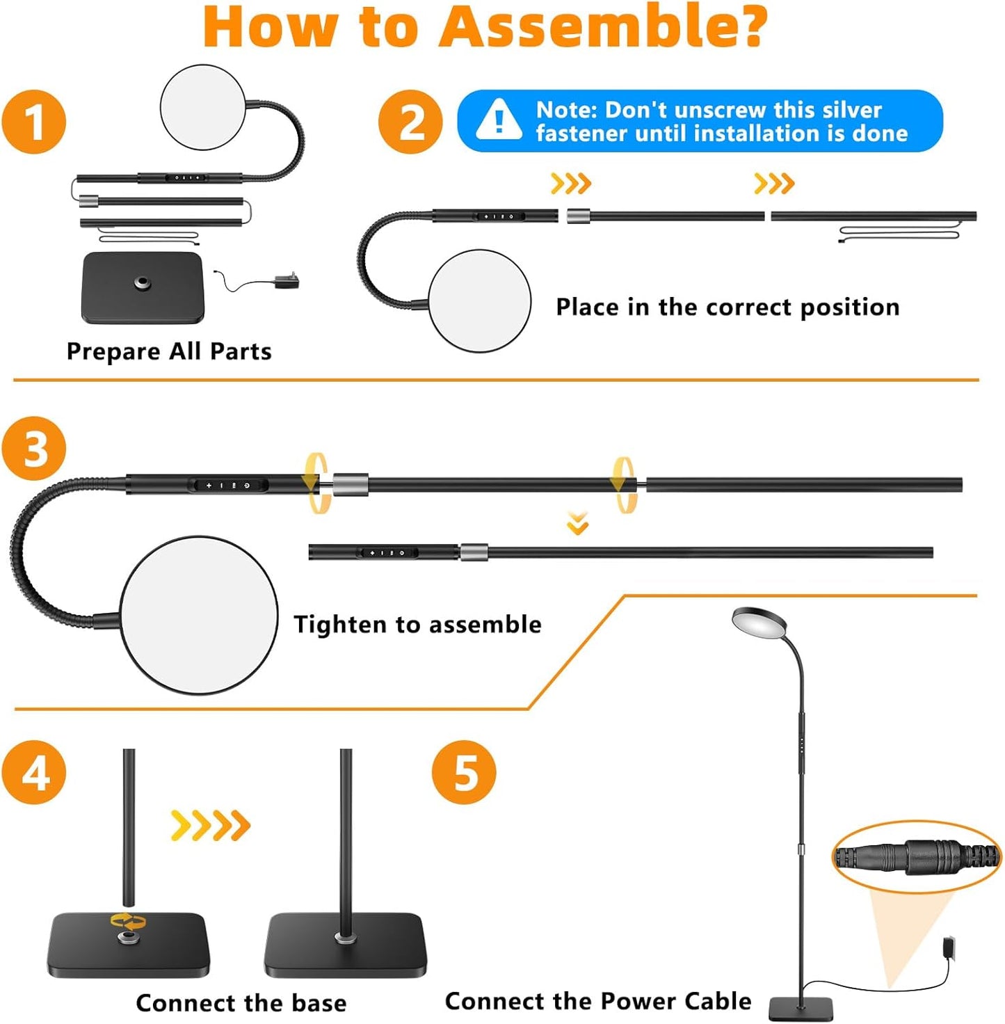 Floor Lamp, Adjustable Height Floor Lamps for Living Room Bedroom, 120 LED Super Bright Standing Lamp Remote & Touch Control Dimmable Gooseneck Tall Stand Reading Lamp for Office Craft, Black
