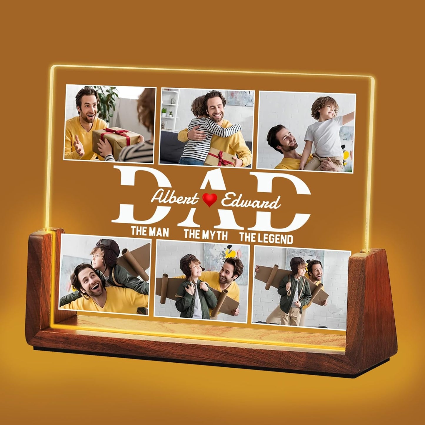 Fathers Day Personalized Gifts for Dad from Daughter Son Kids, Customized Acrylic Plaque LED Walnut Frame with Photos Night Light, Christmas Birthday Gifts for Dad Father PAPA Husband