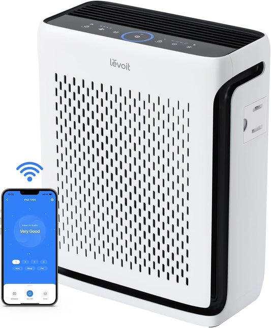 LEVOIT Air Purifier for Home Large Room Bedroom Up to 1110 Ft² with Air Quality Monitor, Smart WiFi, Washable Pre-Filter, HEPA Sleep Mode for Pets, Allergies, Dust, Pollen, Vital 100S-P, White
