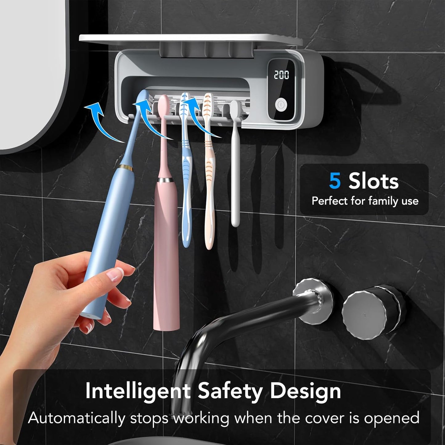 StarWin UV Toothbrush Cleaner, 5 Slots Wall Mounted Toothbrush Holder for Bathroom, Suitable for Most Toothbrushes, No Drilling