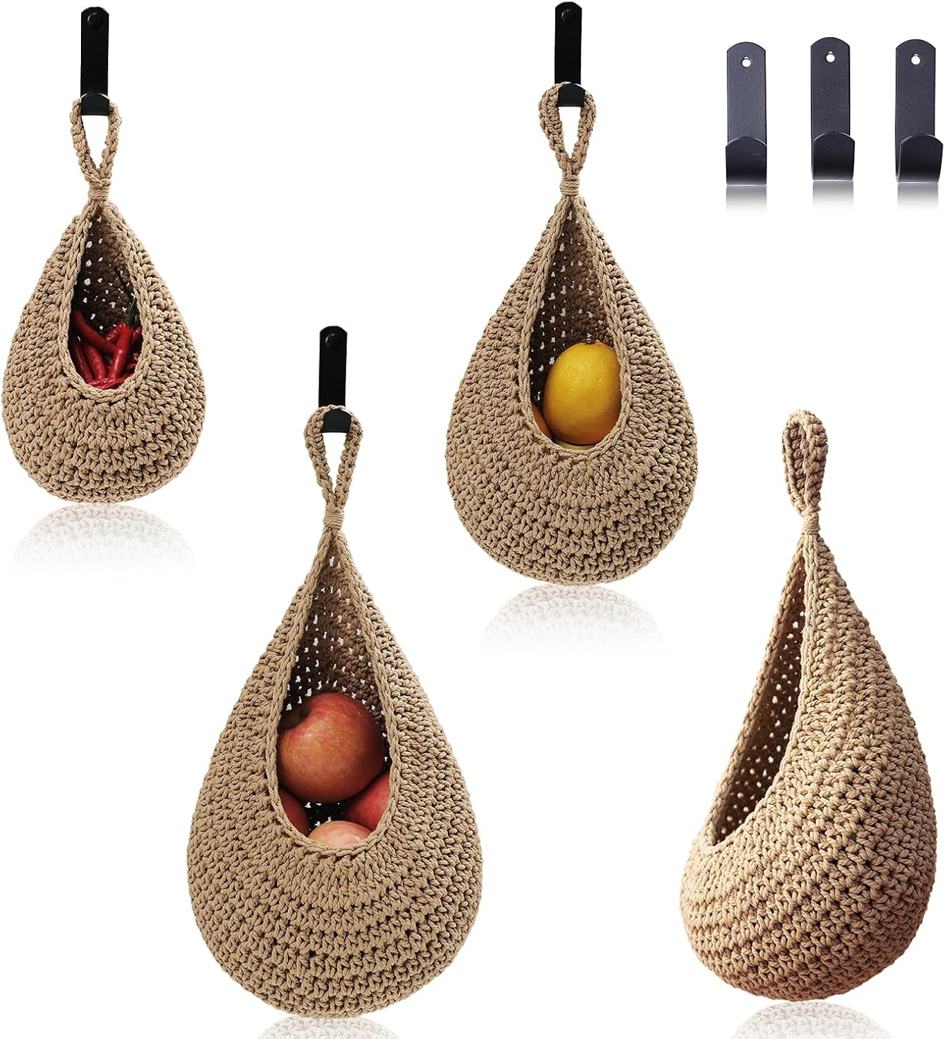 Hanging Fruit Basket Set of 3, Boho Wall Hanging Storage Basket for Organizing, Handmade Teardrop Hammock Holder for Fruit Vegetable in Home & Restaurant Kitchen with Hooks, Light Flaxen
