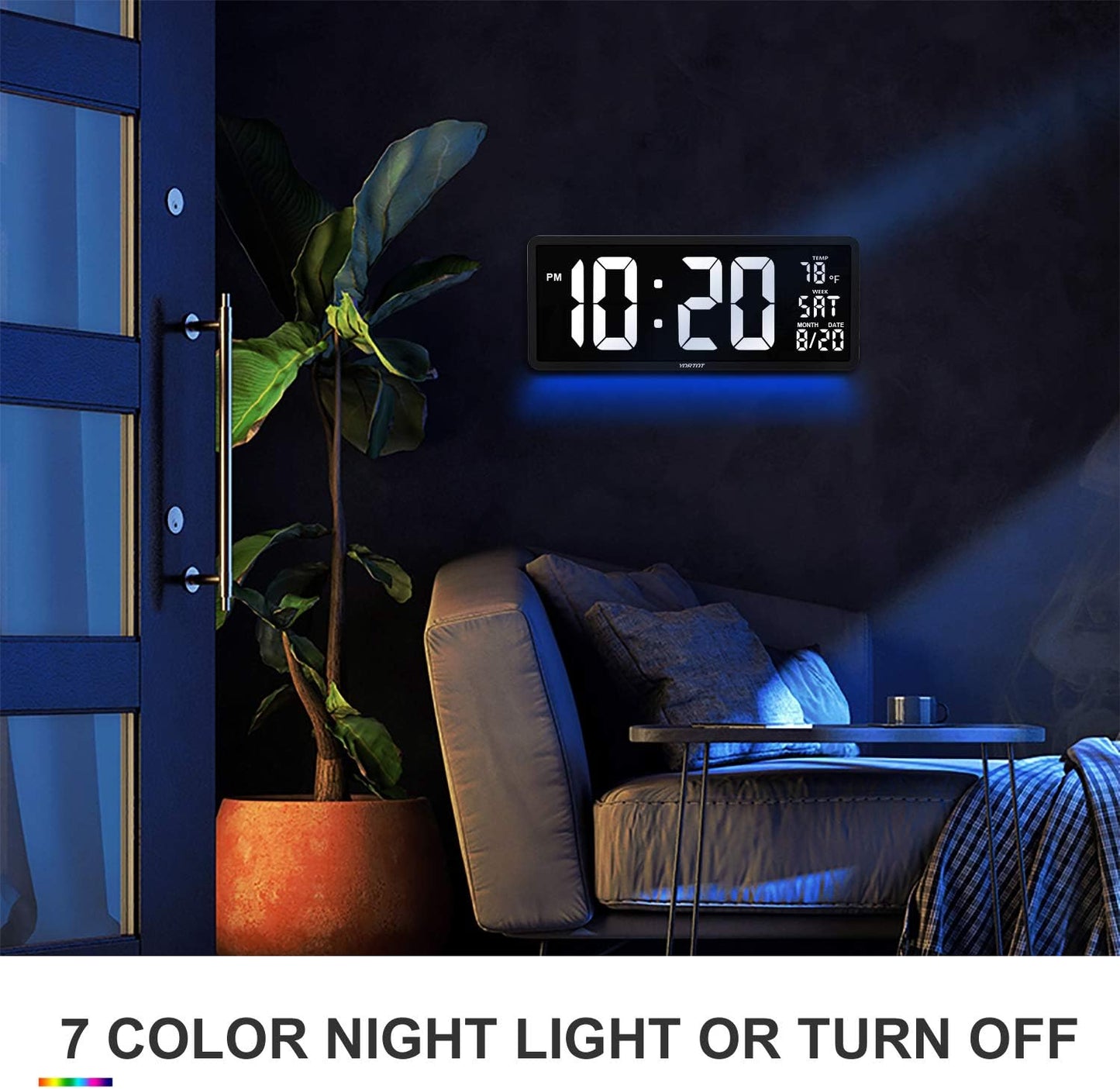 YORTOT 16” Large Digital Wall Clock with Remote Control and 7 Night Light, 4 Level Dimmer, Big LED Clock with Indoor Temperature, Date, Wall Mount/Fold Out Stand, Perfect for Home, Office, Gym (White)