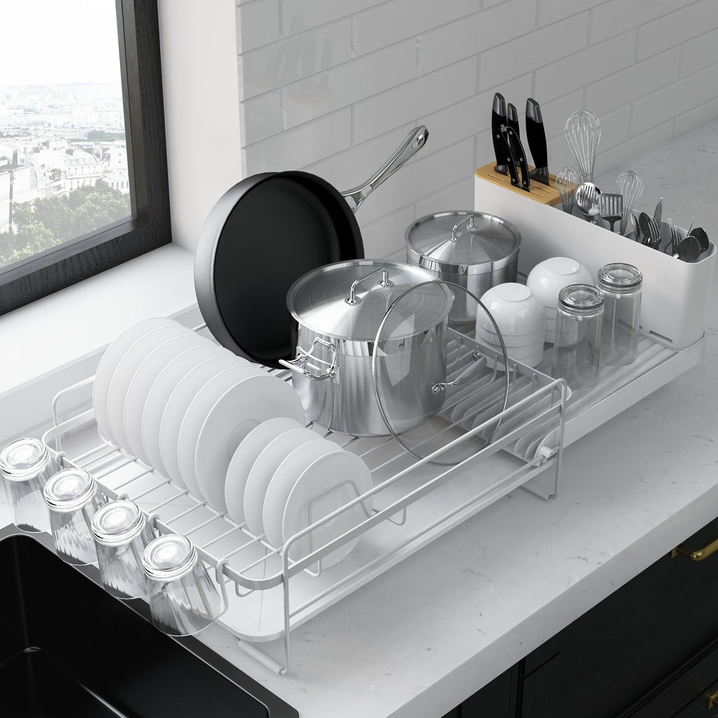 Kitsure Large Dish Drying Rack - Extendable Dish Rack, Multifunctional Dish Rack for Kitchen Counter, Anti-Rust Dish Drainers with Cutlery & Cup Holders 19.2"-26.7" L x 12.9" W, Black