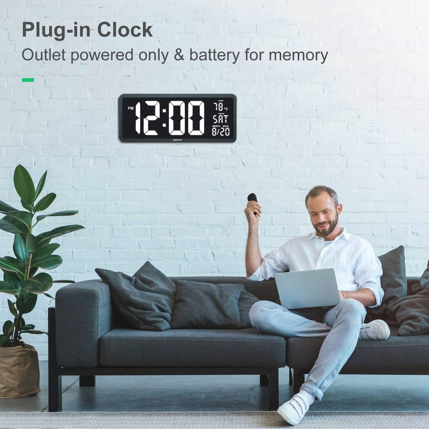 YORTOT 16” Large Digital Wall Clock with Remote Control and 7 Night Light, 4 Level Dimmer, Big LED Clock with Indoor Temperature, Date, Wall Mount/Fold Out Stand, Perfect for Home, Office, Gym (White)