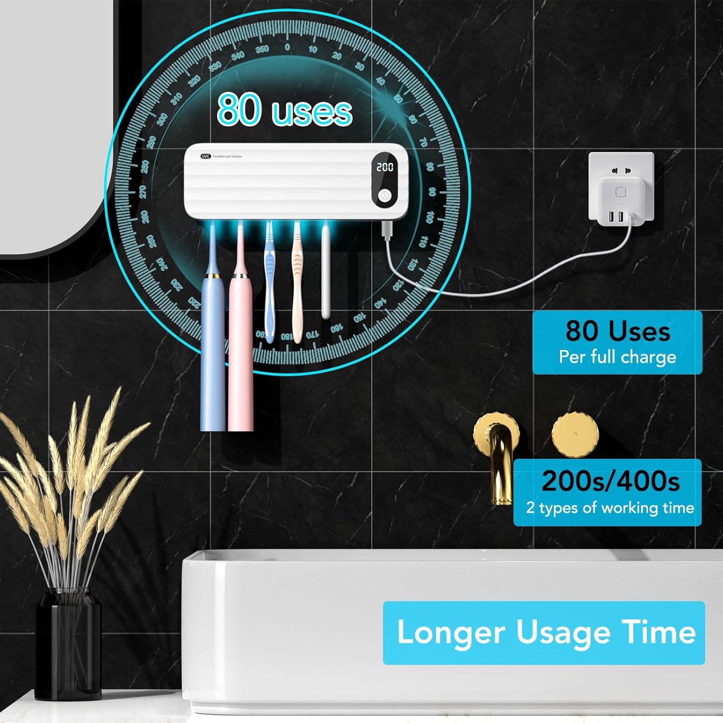 StarWin UV Toothbrush Cleaner, 5 Slots Wall Mounted Toothbrush Holder for Bathroom, Suitable for Most Toothbrushes, No Drilling