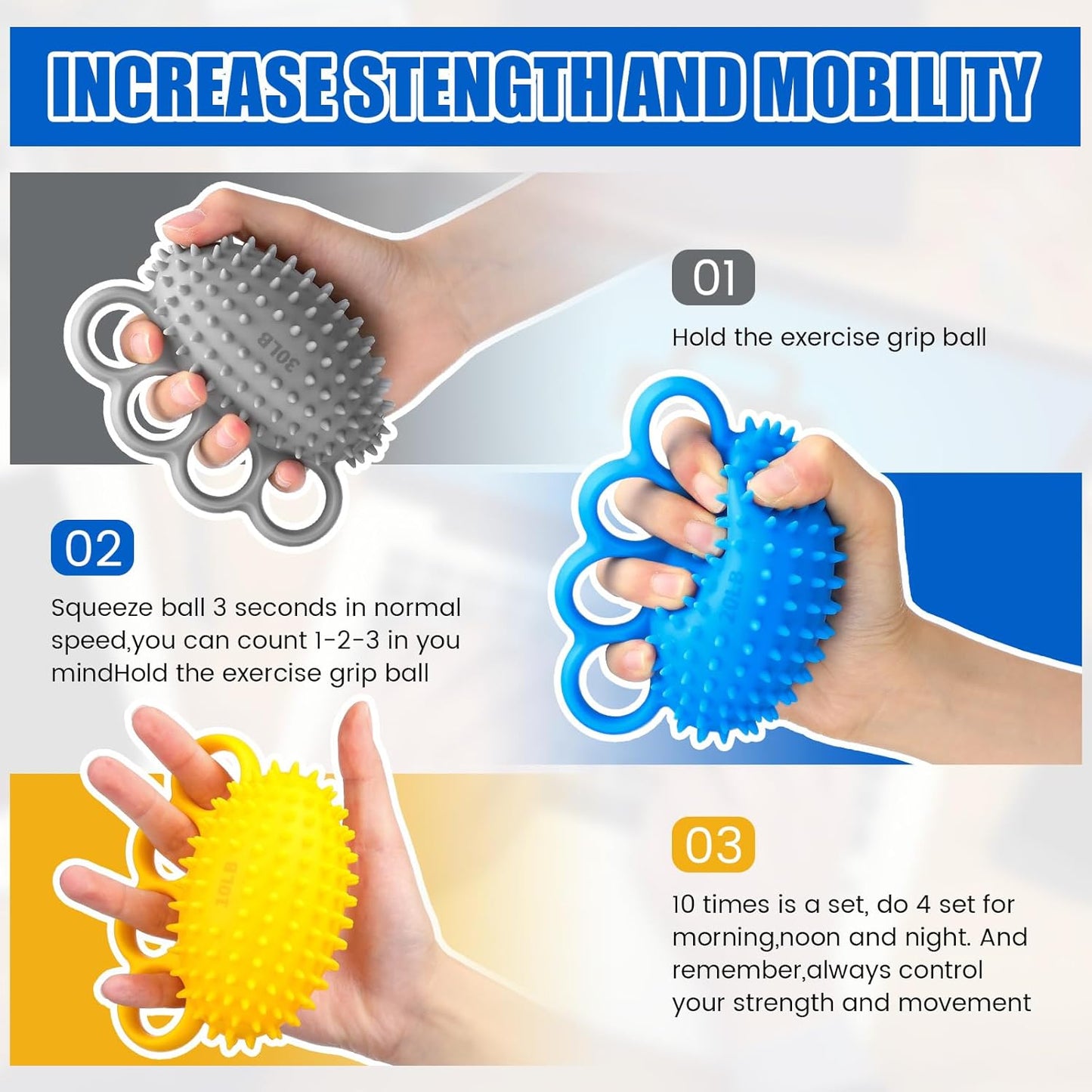 3 Pack Hand Exercise Balls Finger Strengthener Therapy Hand Balls Grip Strength Trainer Squeeze Stress Relief Balls for Adults Elderly Stroke Arthritis Carpal Tunnel