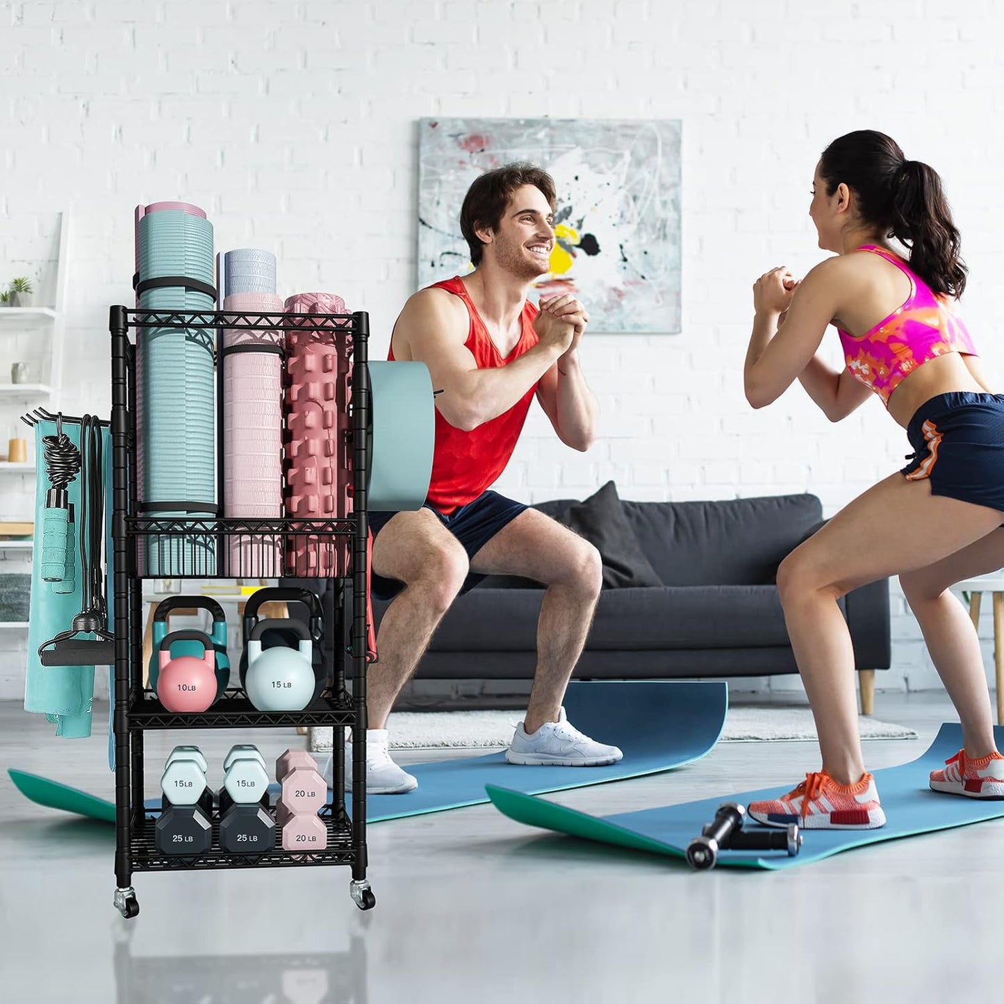 S1 Home Gym Storage, 3-Tier Workout Equipment Organizer with Wheels for Yoga Mats, Foam Roller, Dumbbells, Kettlebells, and Resistance Bands, 47.4" H x 27.5" L x 11.8" D, Black