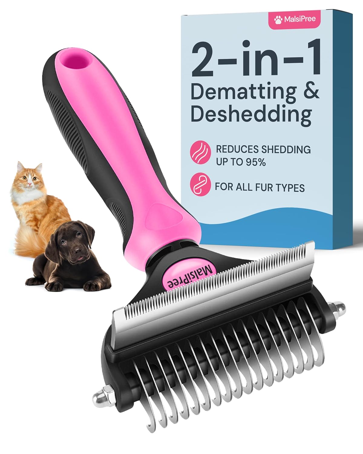 MalsiPree Dog Grooming Brush - 2 in 1 Deshedding Tool & Undercoat Rake for Long & Short-Haired Pets - Dog Brush, Dematting Comb & Hair Deshedder Supplies (Pink, Large)