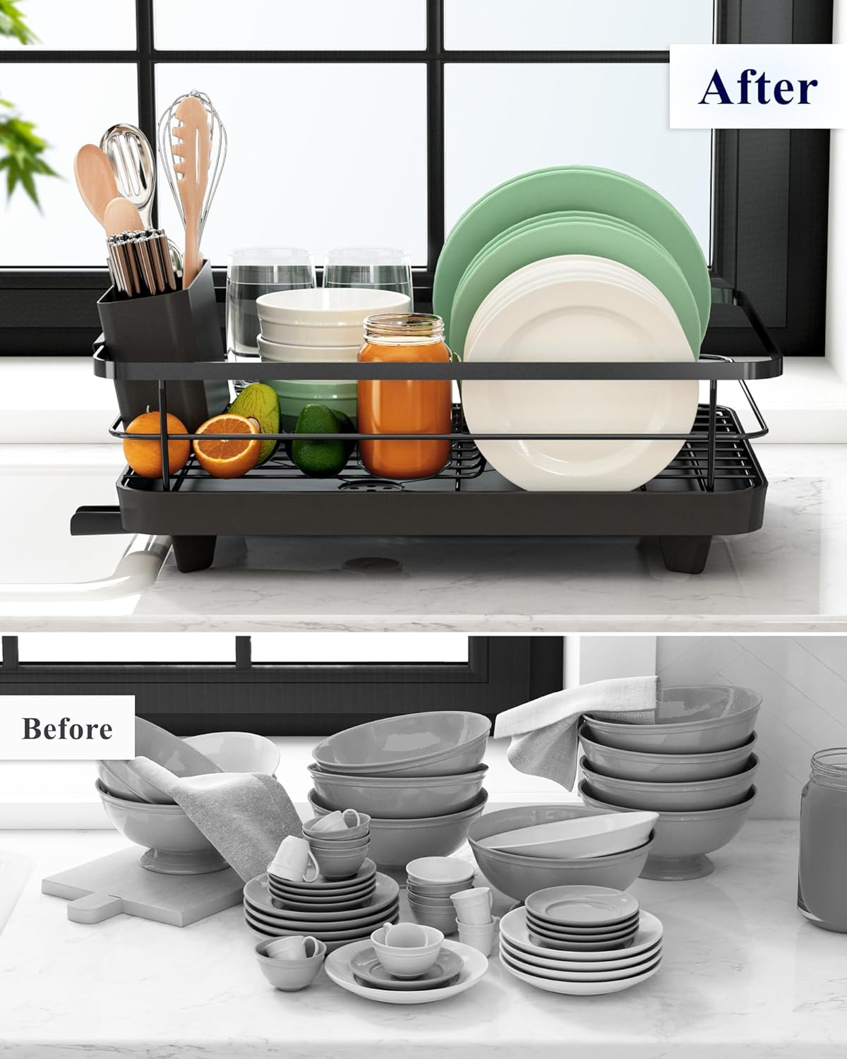 Kitsure Dish Drying Rack- Space-Saving Dish Rack, Dish Racks for Kitchen Counter, Kitchen Drying Rack with a Cutlery Holder, 12''W x 15''L, Black