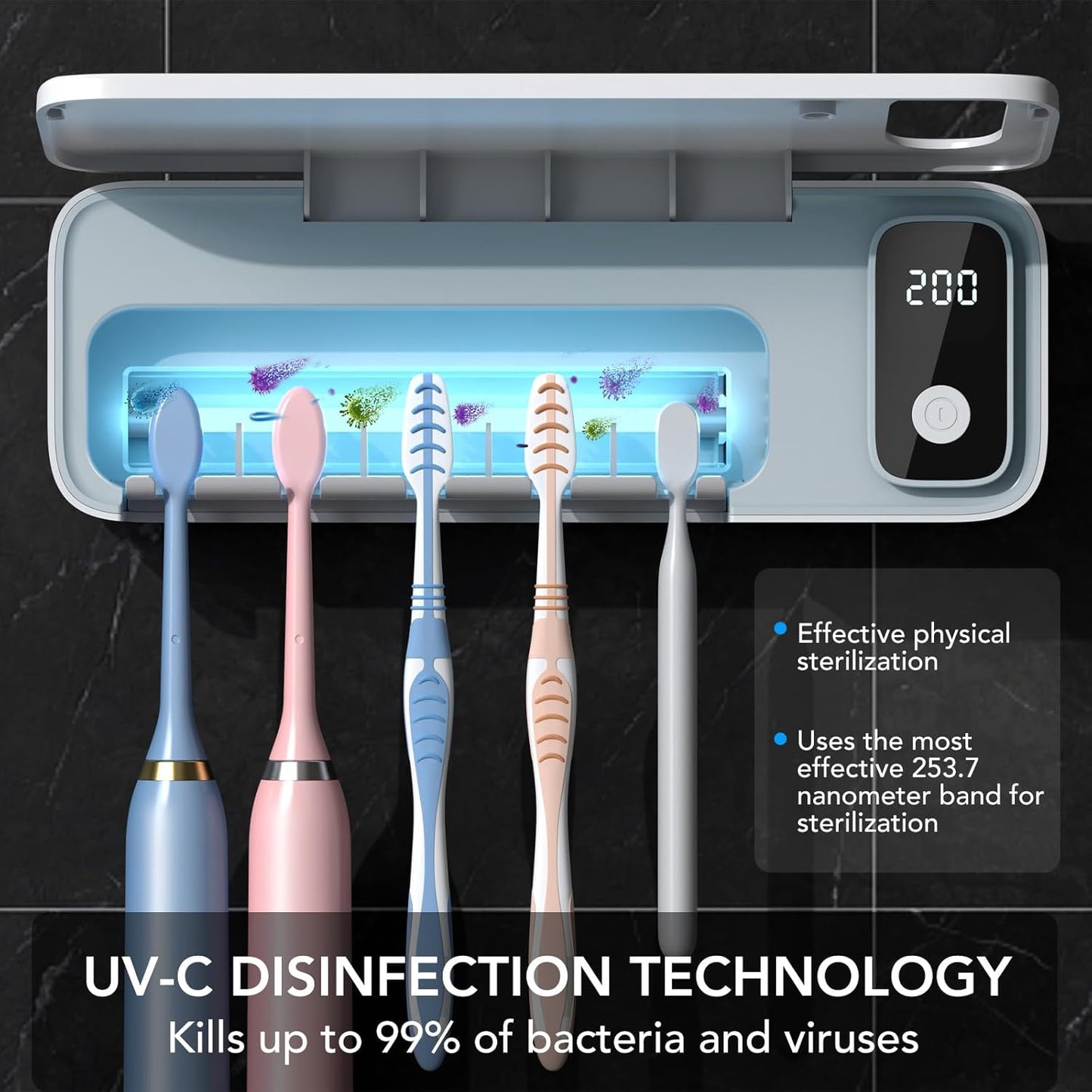 StarWin UV Toothbrush Cleaner, 5 Slots Wall Mounted Toothbrush Holder for Bathroom, Suitable for Most Toothbrushes, No Drilling