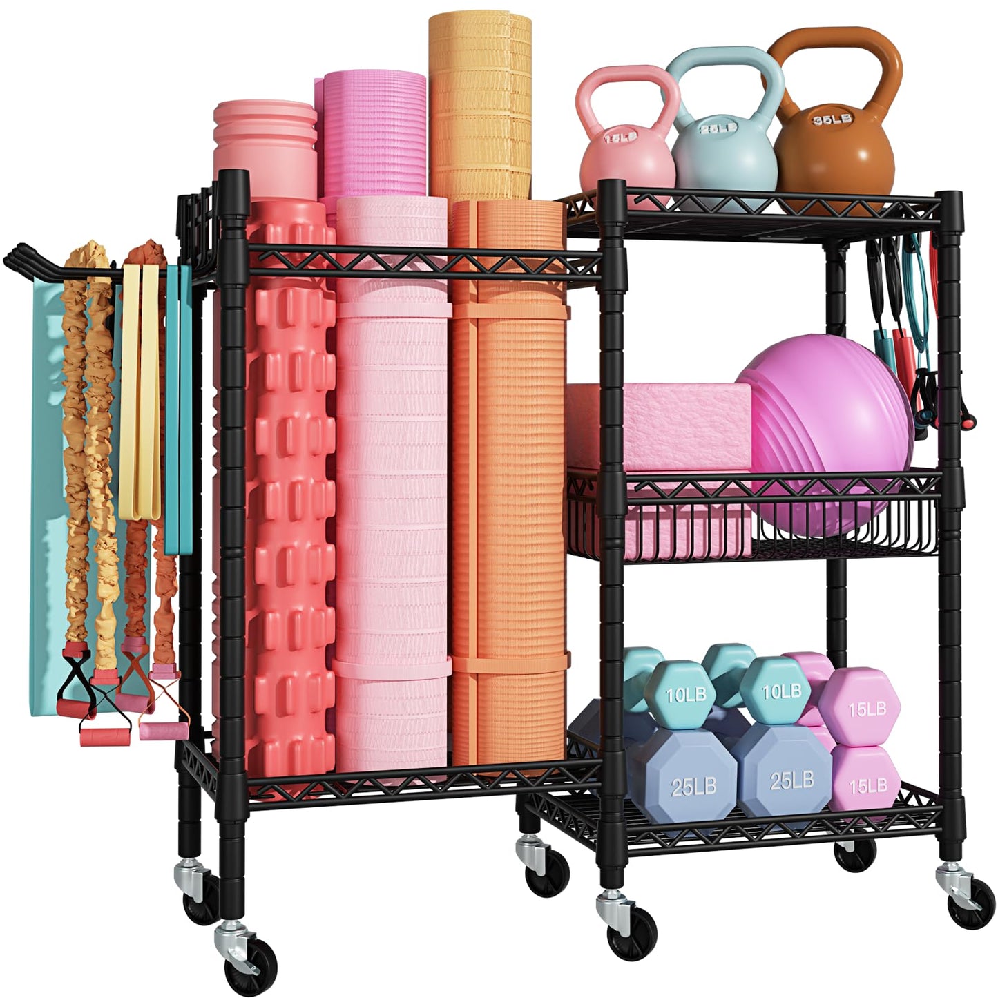 S1 Home Gym Storage, 3-Tier Workout Equipment Organizer with Wheels for Yoga Mats, Foam Roller, Dumbbells, Kettlebells, and Resistance Bands, 47.4" H x 27.5" L x 11.8" D, Black