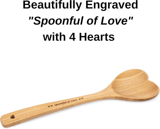 Heart Shaped Bamboo Spoon - Engraved SPOONFUL OF LOVE Wooden Serving Mixing Spoon - Vintage Country Kitchen Wood Utensil - Unique Gift Idea by PRIZE HOME