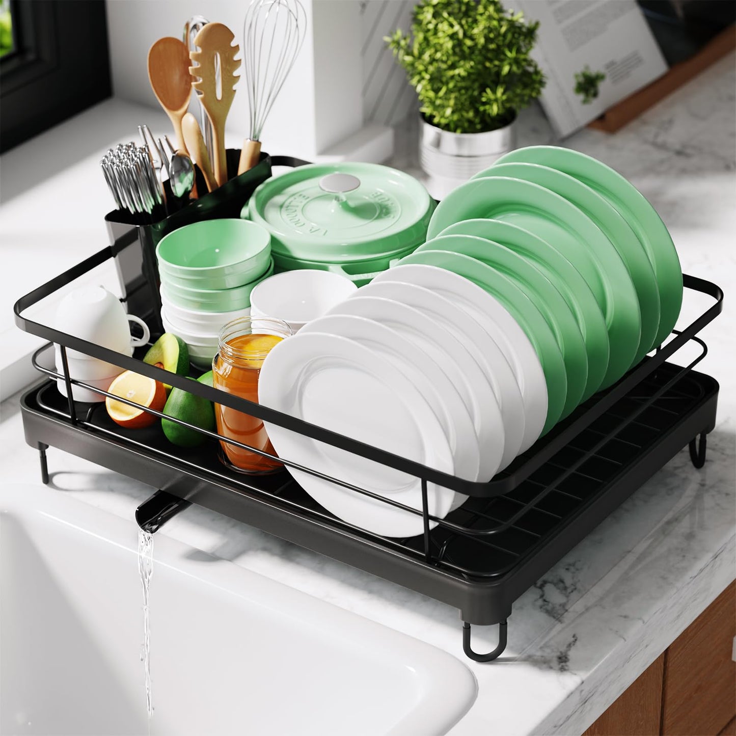 Kitsure Dish Drying Rack- Space-Saving Dish Rack, Dish Racks for Kitchen Counter, Kitchen Drying Rack with a Cutlery Holder, 12''W x 15''L, Black