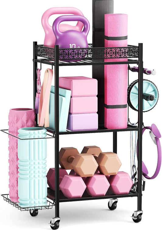 Yoga Mat Storage Rack, Home Gym Storage Rack Yoga Mat Holder, VOPEAK Workout Storage for Yoga Mat, Foam Roller, Gym Organizer Gym Equipment Storage for Home Exercise and Fitness Gear
