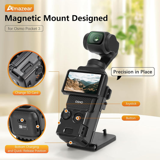 Magnetic Mount Stand Compatible with DJI Osmo Pocket 3, Upgraded Pocket3 Accessories Adapter Clamp Magnet Suction Case Holder on Desktop, Vertical Surface, 180° Adjustable Handle, Black